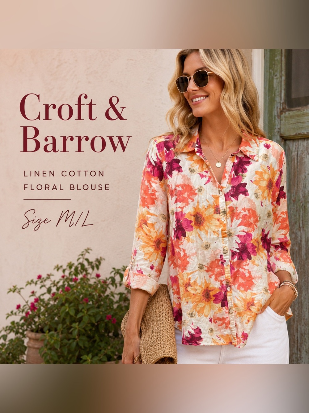 Croft & Barrow Linen Cotton Floral Button Front Blouse Women’s M/L 3/4 Sleeve